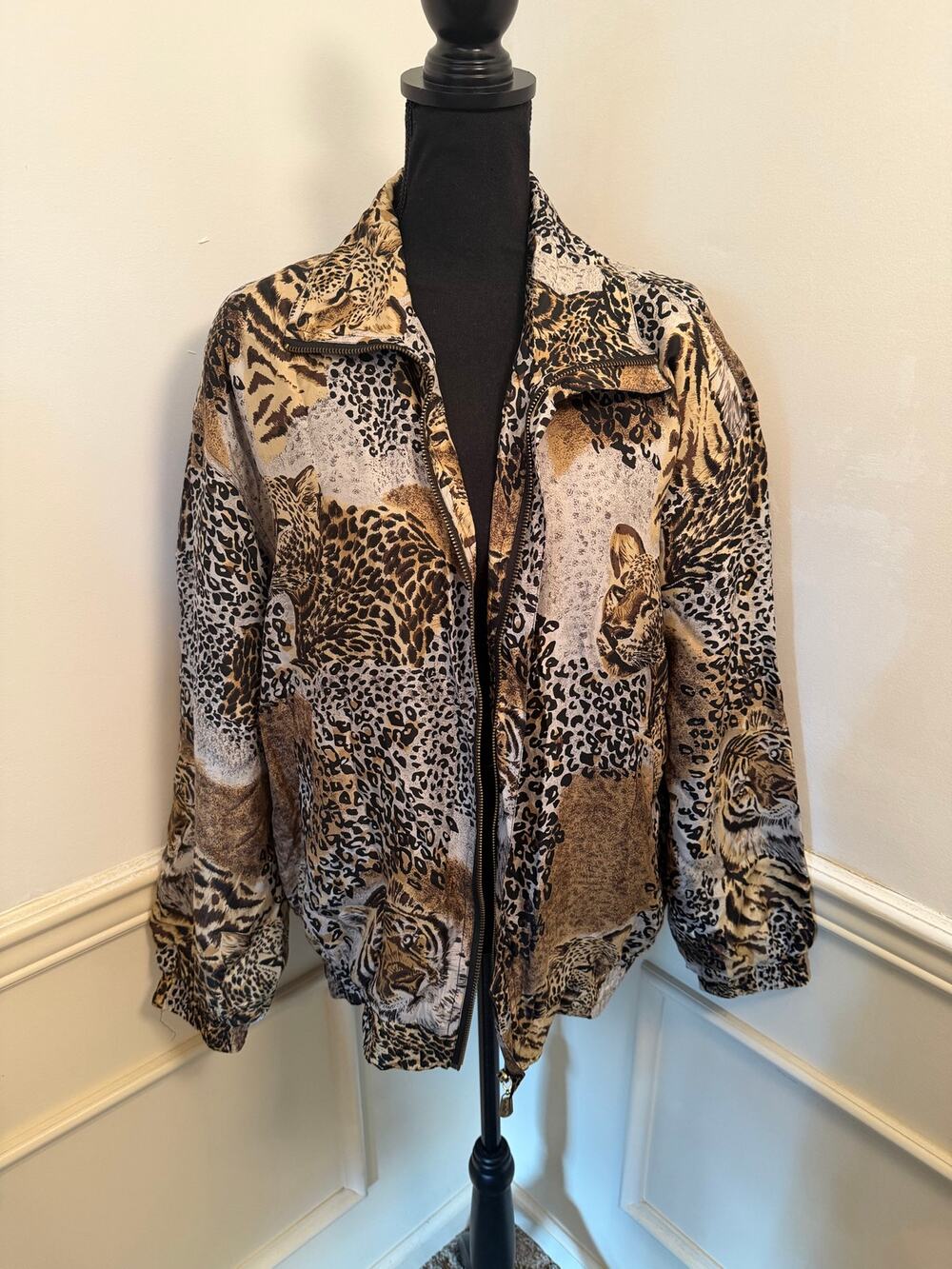Vintage 90s Fuda International Silk Bomber Jacket Animal Print Tiger Leopard
